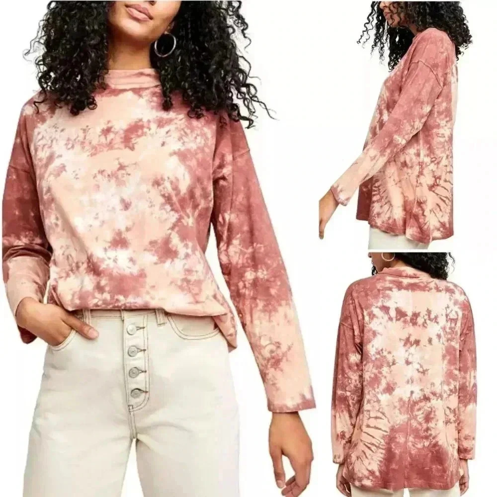 Free People Be Free Tie Dye Oversize Women's T-Shirt Size Large Brown Cotton
